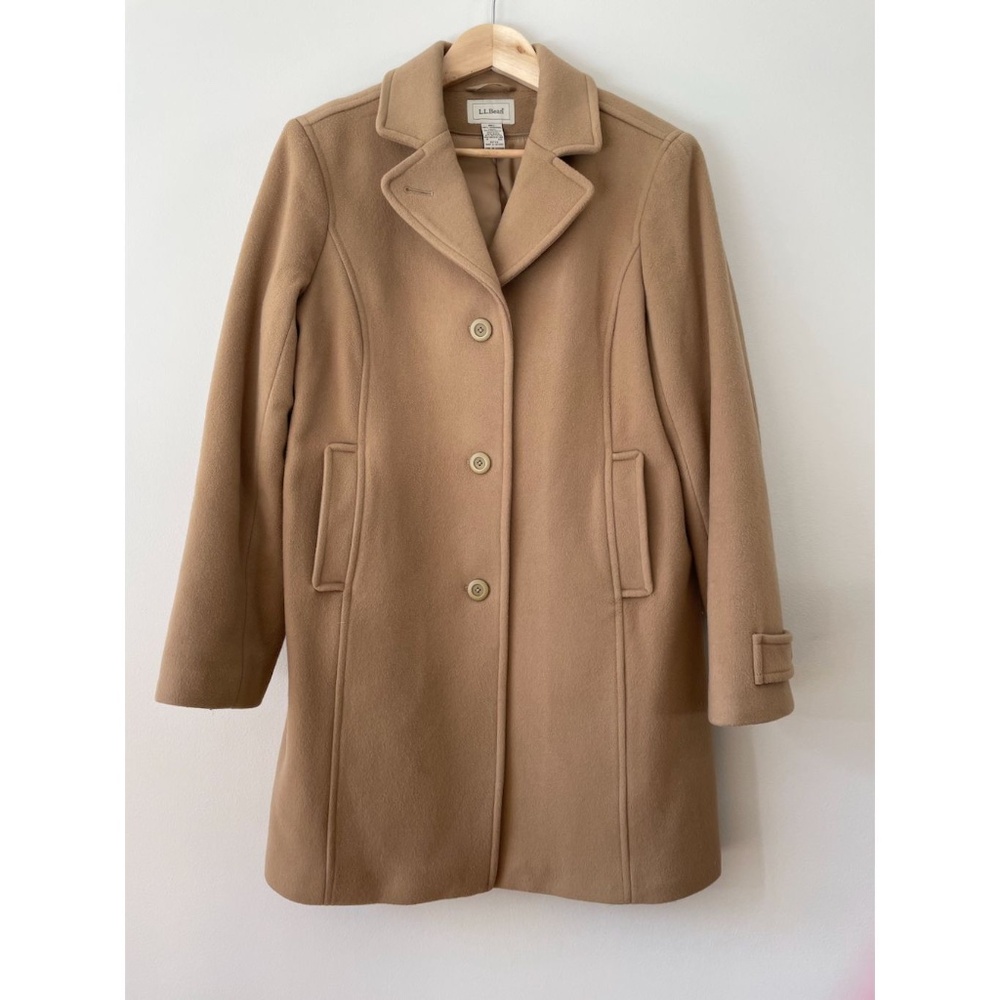 LL Bean Women’s 100% Wool Coat Tan Camel Size 10 classic polo coat 3/4 length
